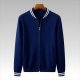 Men's Varsity Style Knit Jacket - Navy Blue Baseball Collar Full-Zip Striped Cuff Casual Outerwear